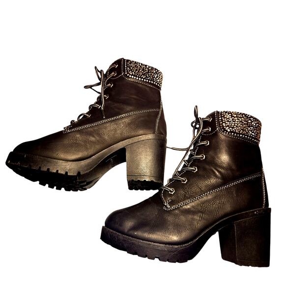 Zigisoho 7 Black Rhinestones Women's Combat Boots With 3 Inch Heel Shoes Sparkle - Picture 1 of 8